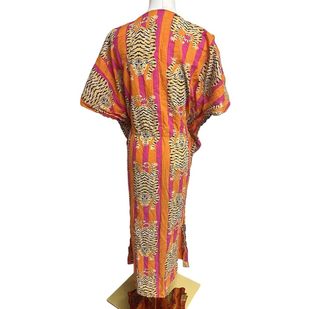 Indacorify Tiger Print Kaftan Beach Cover Up Cotton Indian Resortwear Pink - Picture 4 of 11